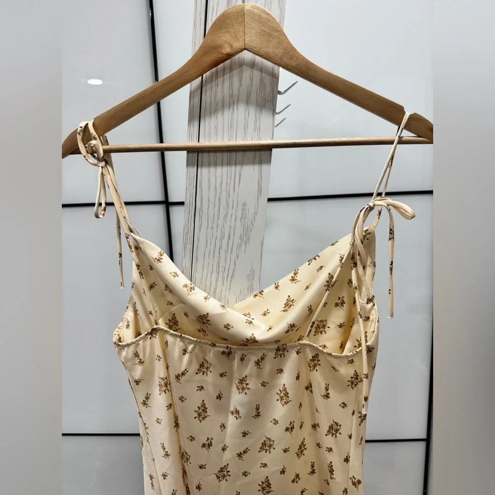 Brand New Champagne Beige Floral Cowl Neck Satin Slip Mini Dress Sleeveless - Picture 5 of 11